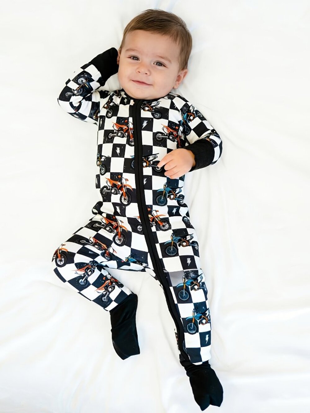 Bamboo Zippy Romper Black-White Checkered Motorcycle and Lightning - 18-24M